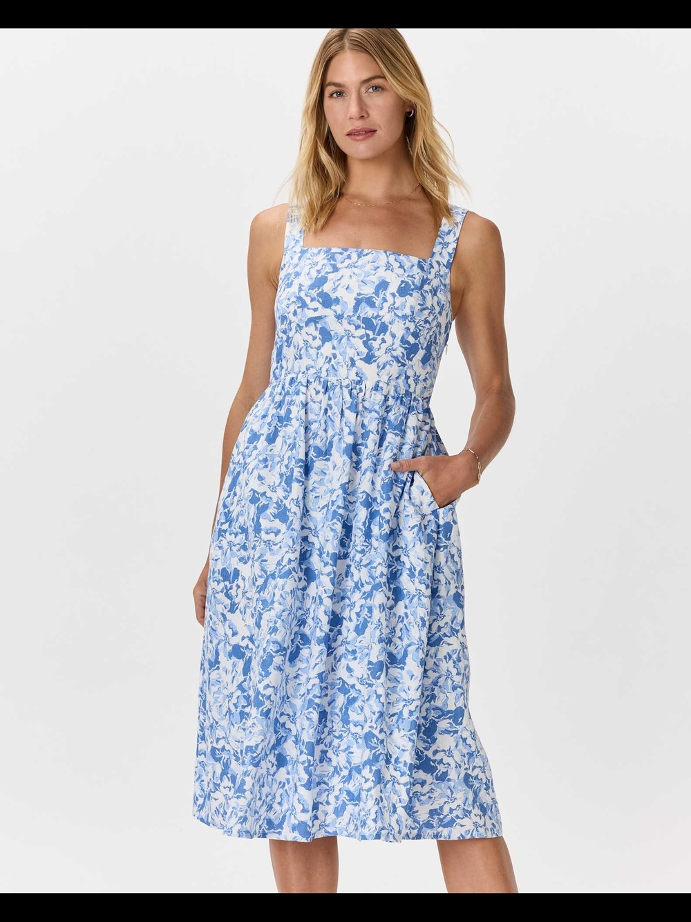 Quince European Linen Fit Flare Dress Blue and White Floral Midi Medium
